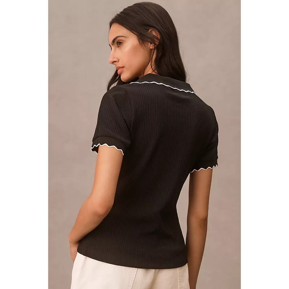 Maeve by Anthropologie Women's Black Scalloped Polo Shirt Size Small - Picture 2 of 14